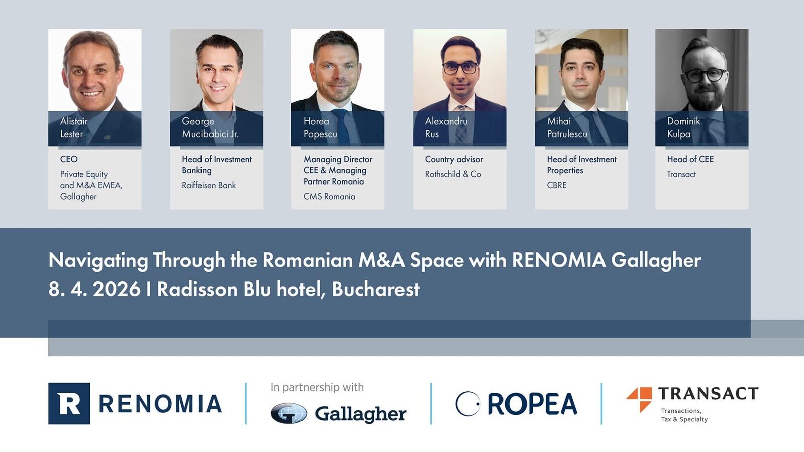 Eveniment de top dedicat pieței de M&A din România Renomia Gallagher, cu sprijinul BusinessMark, anunță organizarea unui eveniment important în domeniul fuziunilor și achizițiilor, intitulat „Navigating Through the Romanian M&A Space with Renomia Gallagher”