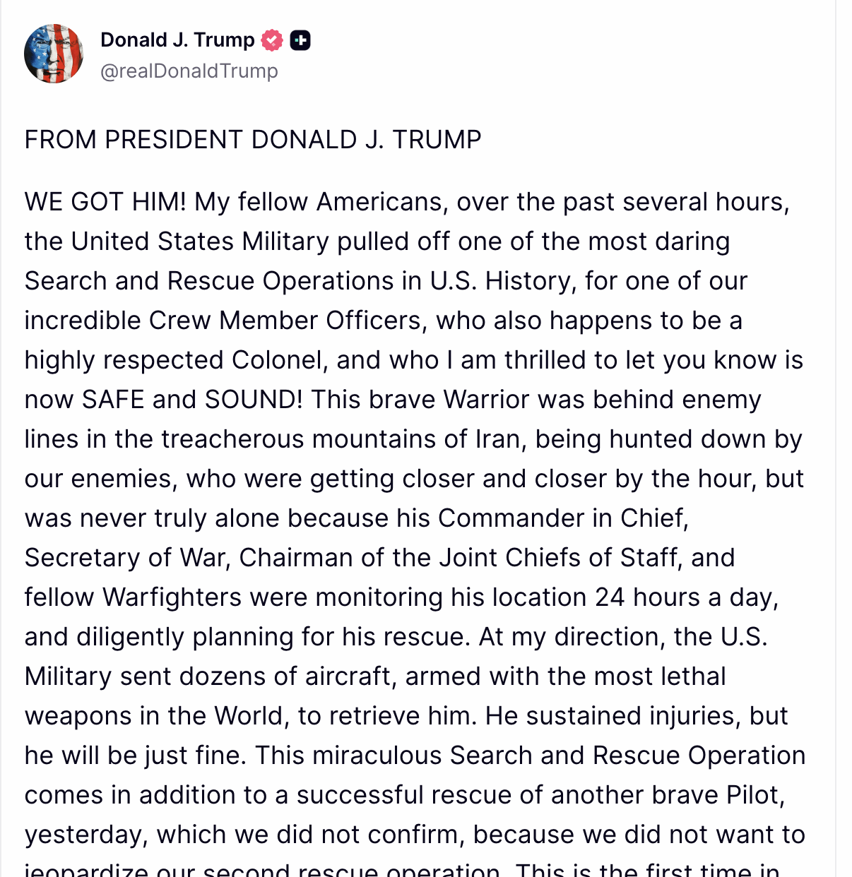 Al doilea membru al echipajului american al avionului F-15 doborât deasupra Iranului a fost recuperat, potrivit unor surse oficiale