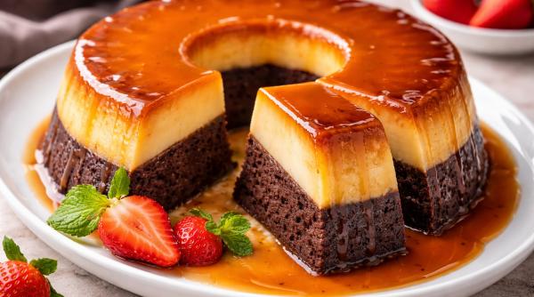 Chocoflan exploziv de Paște: caramel, ciocolată și cremă de brânză