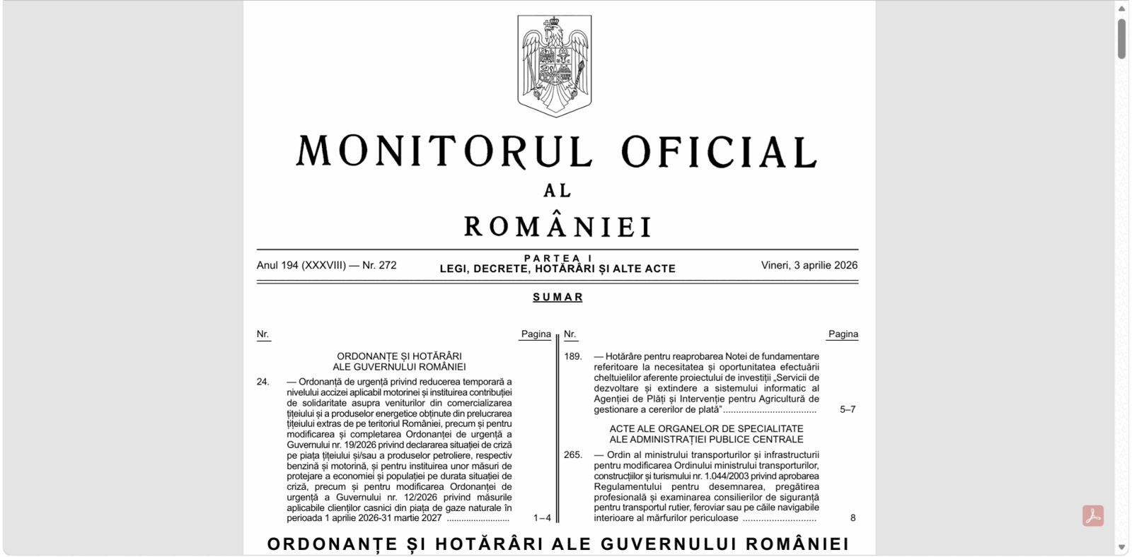 Guvernul a publicat în Monitorul Oficial Ordonanța de urgență 24/2026, care prevede scăderea accizei la motorina standard cu 36 de bani începând cu 7 aprilie 2026