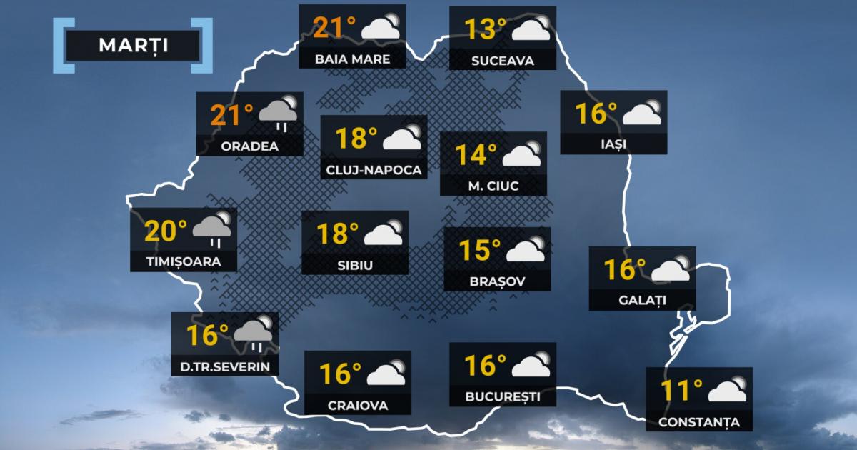 Prognoza meteo: Ploi, ninsoare la munte și temperaturi de 22 de grade în România