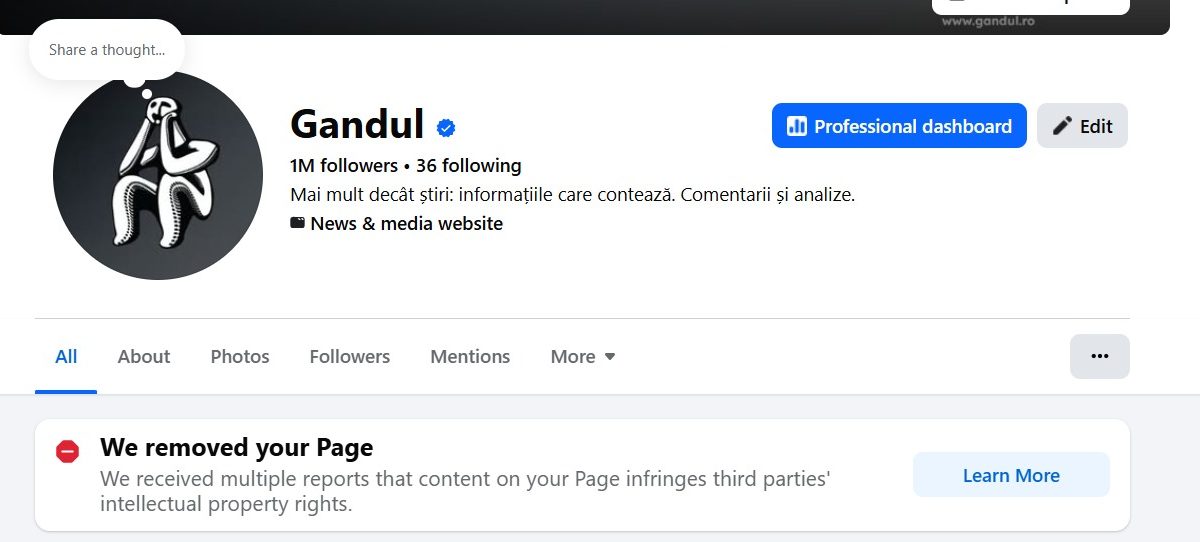 Gândul, victima Facebook: Pagina cu un milion de urmăritori, închisă